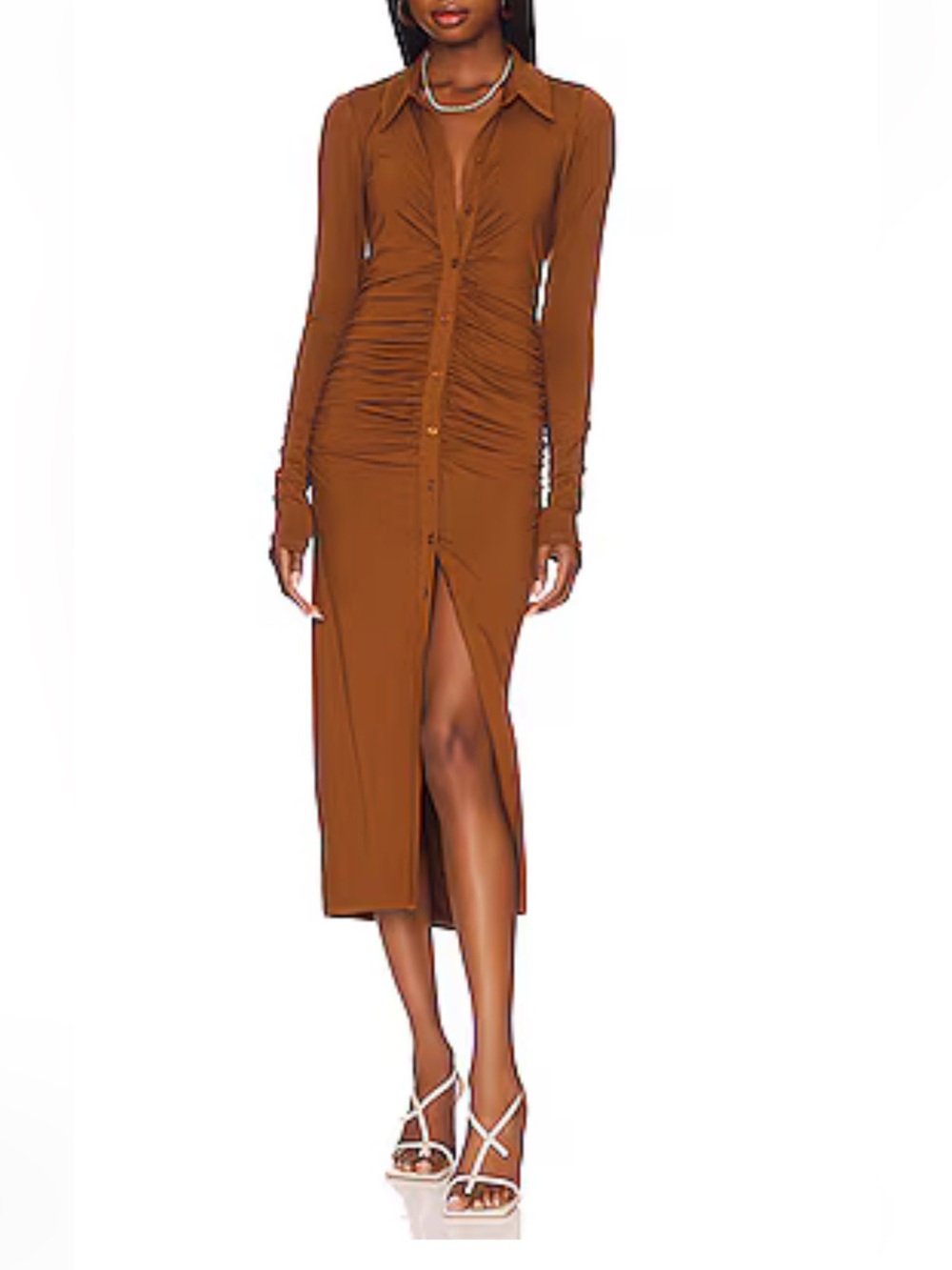 Good American Button Front Midi Dress Carmel
